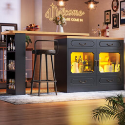 Btm Rotating Bar Table 135 To 203 X 39 X 92.8 Cm Coffee Bar Furniture Kitchen Island With Doors Drawers Open Storage Black - thumbnail 2