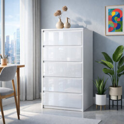 Harmin White Luxury 5 Drawer High Gloss Chest With Sleek Handleless Design - thumbnail 1