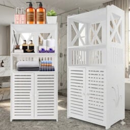 Bathroom Floor Cabinet Freestanding Waterproof Storage Unit With Cupboard Double Door And Open Shelf Multipurpose Organizer - thumbnail 1