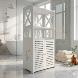 Bathroom Floor Cabinet Freestanding Waterproof Storage Unit With Cupboard Double Door And Open Shelf Multipurpose Organizer - thumbnail 2