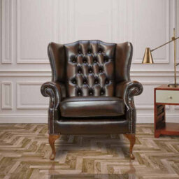 Chesterfield High Back Wing Chair Antique Brown Real Leather Bespoke In Mallory Style - thumbnail 1