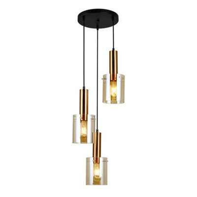 Luminosa Lighting Luminosa Modern Hanging Pendant Brass 3 Light  With Amber Shade, E27