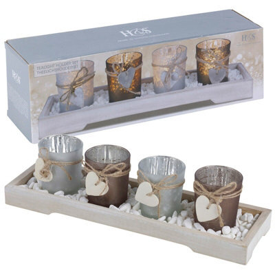 Urbn-Living Urbnliving 4 Tea Light Home Decor Holders  With Modern Wood Tray Decorative Stones Gift Set - image 1