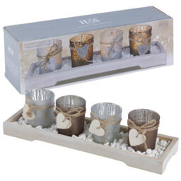 Urbn-Living Urbnliving 4 Tea Light Home Decor Holders  With Modern Wood Tray Decorative Stones Gift Set - thumbnail 1