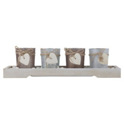 Urbn-Living Urbnliving 4 Tea Light Home Decor Holders  With Modern Wood Tray Decorative Stones Gift Set - thumbnail 2
