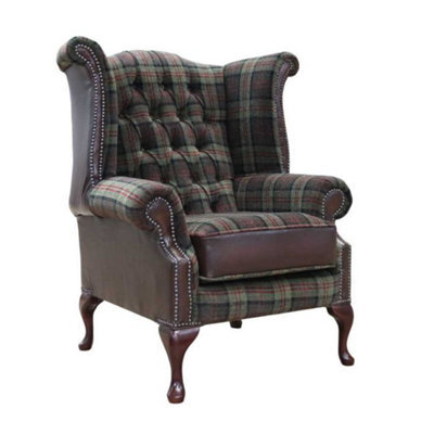Chesterfield High Back Wing Chair Lana Moss Antique Brown Leather In Queen Anne Style - image 1