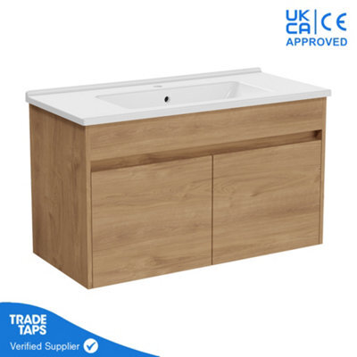 Vitra 1000mm Wall Hung Bathroom Vanity Unit With 2 Doors & Basin - Golden Oak