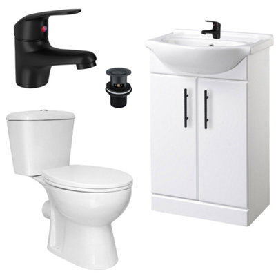 FNX Bathrooms Bubly Bathrooms™ 550mm White Gloss Freestanding Vanity Unit, Close Coupled Toilet & Matt Black Tap Set - image 1