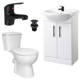 FNX Bathrooms Bubly Bathrooms™ 550mm White Gloss Freestanding Vanity Unit, Close Coupled Toilet & Matt Black Tap Set - thumbnail 1