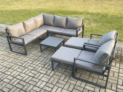 Fimous 9 Seater Outdoor Aluminium Garden Furniture Set Corner Lounge Sofa Set With Square Coffee Table 2 Big Footstools