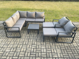 Fimous 9 Seater Outdoor Aluminium Garden Furniture Set Corner Lounge Sofa Set With Square Coffee Table 2 Big Footstools - thumbnail 2
