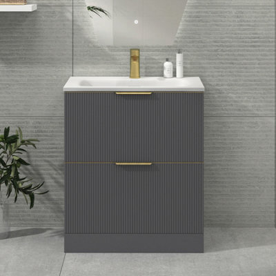 Royal Bathrooms Evora 700mm Graphite Grey Fluted Floor Standing Bathroom Vanity Unit 2 Drawer Cabinet With Stone Basin & Brushed Brass Handles - image 1