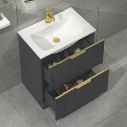 Royal Bathrooms Evora 700mm Graphite Grey Fluted Floor Standing Bathroom Vanity Unit 2 Drawer Cabinet With Stone Basin & Brushed Brass Handles - thumbnail 3