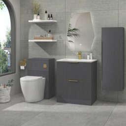 Royal Bathrooms Evora 700mm Graphite Grey Fluted Floor Standing Bathroom Vanity Unit 2 Drawer Cabinet With Stone Basin & Brushed Brass Handles - thumbnail 2