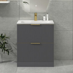 Royal Bathrooms Evora 700mm Graphite Grey Fluted Floor Standing Bathroom Vanity Unit 2 Drawer Cabinet With Stone Basin & Brushed Brass Handles