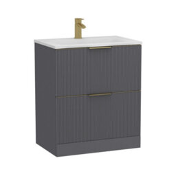 Royal Bathrooms Evora 700mm Graphite Grey Fluted Floor Standing Bathroom Vanity Unit 2 Drawer Cabinet With Stone Basin & Brushed Brass Handles - thumbnail 6