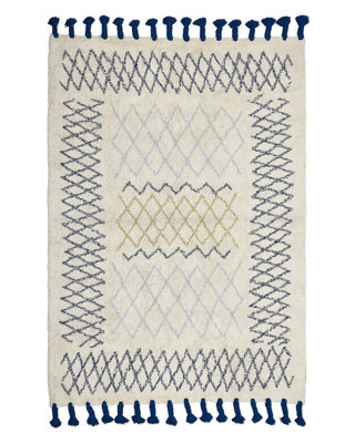 Wyld And Coco Beige Cotton Area Rug 140 X 200 Cm - Hand-Tufted, Geometric Pattern With Cobalt Blue Tassels - image 1