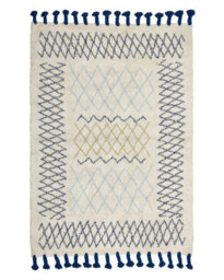 Wyld And Coco Beige Cotton Area Rug 140 X 200 Cm - Hand-Tufted, Geometric Pattern With Cobalt Blue Tassels - thumbnail 1