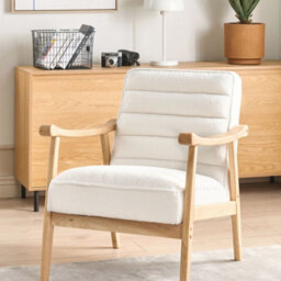 Wyld And Coco White Bouclé Armchair With Rubberwood Frame And Armrests, Retro Living Room Chair, W62 X D74 X H79Cm - thumbnail 2