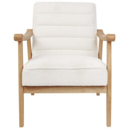 Wyld And Coco White Bouclé Armchair With Rubberwood Frame And Armrests, Retro Living Room Chair, W62 X D74 X H79Cm - thumbnail 1