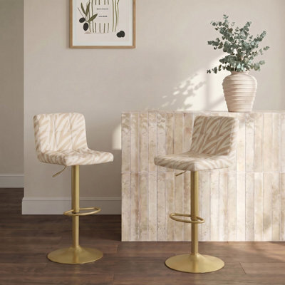Ohs 2 X Zebra Print Velvet Adjustable Bar Stool Swivel Seat Kitchen Chair - Neutral/gold - image 1
