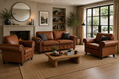 SC FURNITURE LIMITED Tan Brown Fabric 3 Seater + 2 Armchairs Suite Oldham - image 1
