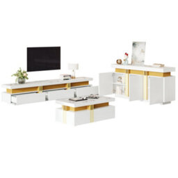 Abrihome White & Gold Living Room Furniture Set, Tv Stand, Marble Pattern Coffee Table & Sideboard Buffet, Luxury Storage Console For Home - thumbnail 9