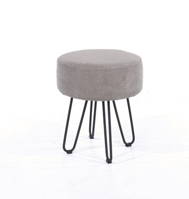 Furry Grey Fabric Round Stool Black Metal Legs