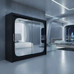 Bega Viii 180Cm Black Sliding Door Wardrobe With Mirror Front Shelving Space And Clothes Rail Bedroom Unit - thumbnail 1