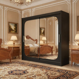 Bega Viii 180Cm Black Sliding Door Wardrobe With Mirror Front Shelving Space And Clothes Rail Bedroom Unit - thumbnail 2