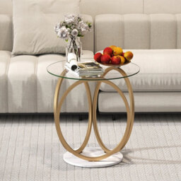 Costway Round Glass Coffee Table Modern Center Table With Geometric Gold Metal Ring Frame - thumbnail 5