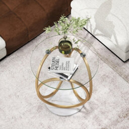 Costway Round Glass Coffee Table Modern Center Table With Geometric Gold Metal Ring Frame - thumbnail 7