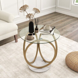 Costway Round Glass Coffee Table Modern Center Table With Geometric Gold Metal Ring Frame - thumbnail 3