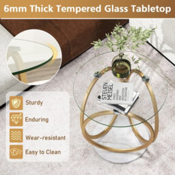 Costway Round Glass Coffee Table Modern Center Table With Geometric Gold Metal Ring Frame - thumbnail 9