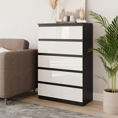 Urbn-Living Urbnliving 109Cm Tall 5 Drawer High Gloss Bedside Chest Of Drawers With Smooth Metal Runner Black & White - image 1