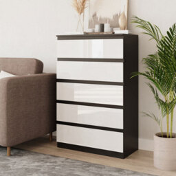 Urbn-Living Urbnliving 109Cm Tall 5 Drawer High Gloss Bedside Chest Of Drawers With Smooth Metal Runner Black & White