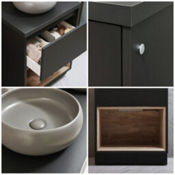 Homestylestore Black Grey 600mm Led Lit Bathroom Vanity Unit Round Pebble Countertop Basin Open Shelf - thumbnail 2