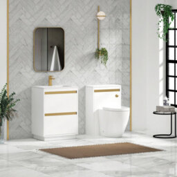 Royal Bathrooms Orion 600mm Matt White 2 Drawer Floor Standing Vanity Unit With Stone Basin & Brushed Brass Strip - thumbnail 3