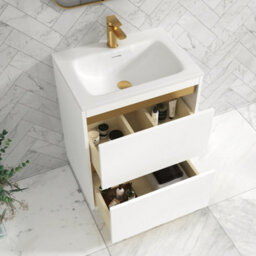 Royal Bathrooms Orion 600mm Matt White 2 Drawer Floor Standing Vanity Unit With Stone Basin & Brushed Brass Strip - thumbnail 4