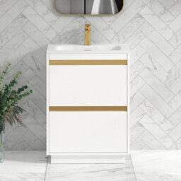 Royal Bathrooms Orion 600mm Matt White 2 Drawer Floor Standing Vanity Unit With Stone Basin & Brushed Brass Strip - thumbnail 2