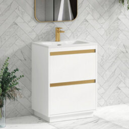 Royal Bathrooms Orion 600mm Matt White 2 Drawer Floor Standing Vanity Unit With Stone Basin & Brushed Brass Strip - thumbnail 5