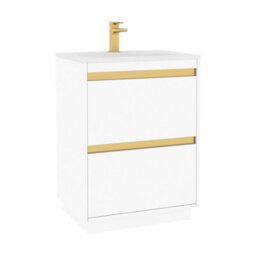 Royal Bathrooms Orion 600mm Matt White 2 Drawer Floor Standing Vanity Unit With Stone Basin & Brushed Brass Strip - thumbnail 6