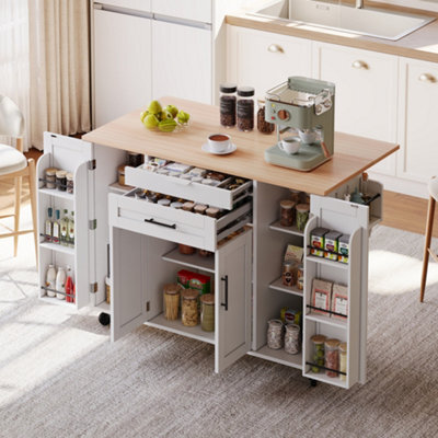 Btm Kitchen Island On Wheels, With Foldable Tabletop, Adjustable Shelves, Rolling Trolley With Storage Cabinets And 2 Drawers - image 1
