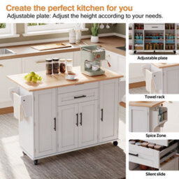 Btm Kitchen Island On Wheels, With Foldable Tabletop, Adjustable Shelves, Rolling Trolley With Storage Cabinets And 2 Drawers - thumbnail 5