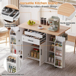Btm Kitchen Island On Wheels, With Foldable Tabletop, Adjustable Shelves, Rolling Trolley With Storage Cabinets And 2 Drawers - thumbnail 2