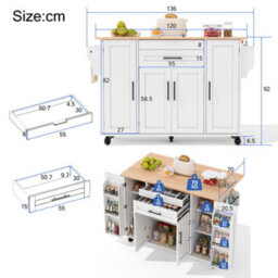 Btm Kitchen Island On Wheels, With Foldable Tabletop, Adjustable Shelves, Rolling Trolley With Storage Cabinets And 2 Drawers - thumbnail 7