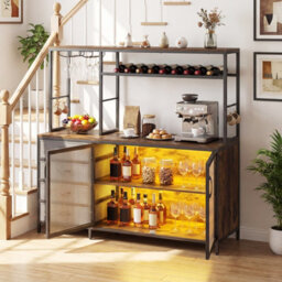 Costway Wine Coffee Bar Cabinet With Led Lights Modern Kitchen Buffet Sideboard