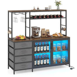 Costway Wine Coffee Bar Cabinet With Led Lights Modern Kitchen Buffet Sideboard - thumbnail 2