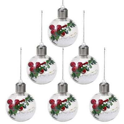 6X 7.8Cm Snow Filled Illuminated Led Light Up Baubles - Filled Brim With Tiny Seasonal Decorations - Hanging Ornament - image 1