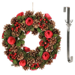 Dibor 35Cm Red Berries And Roses Front Door Christmas Wreath With Stag Wreath Hanger